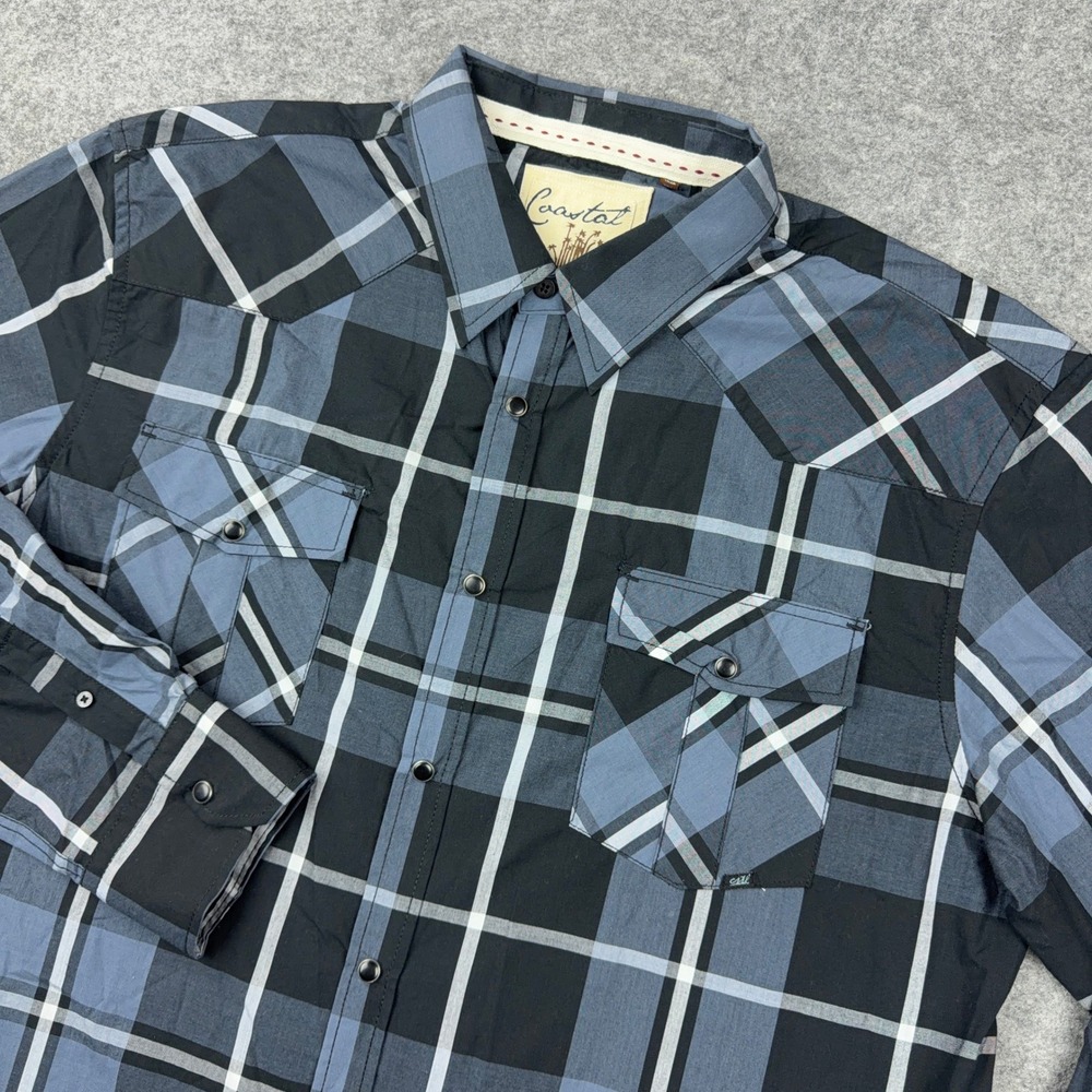Coastal Shirt Mens 2XL Black Blue Plaid Western Pearl Snap Long Sleeve XXL Rodeo